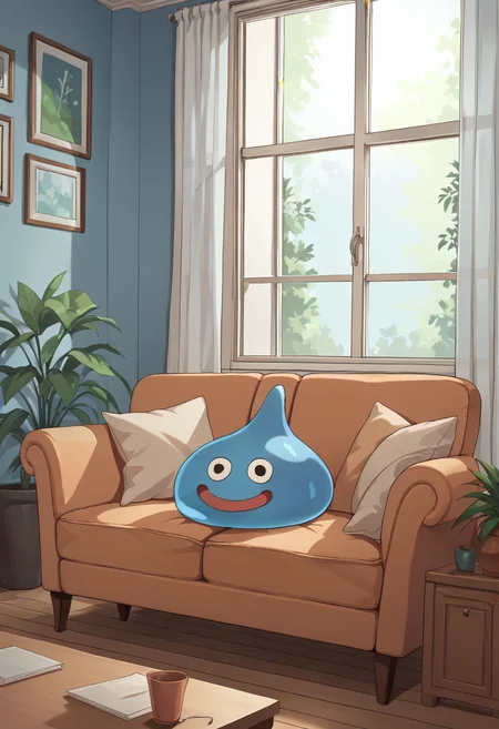 score_9, score_8_up, score_7_up, source_anime, BREAK solo, looking at viewer, dqslime, slime \(creature\), smile, indoors, couch <lora:SlimeDQ-pdxl:1>