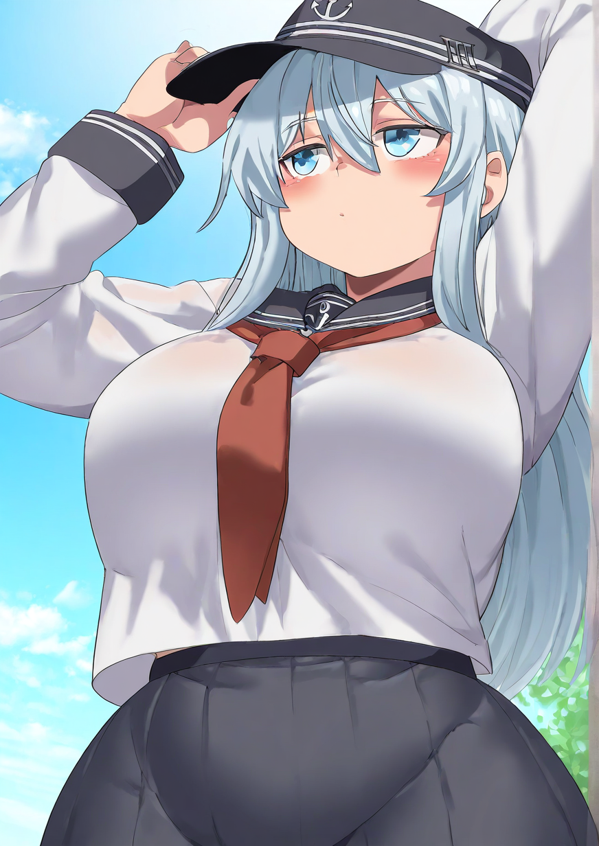 <lora:ê°ìì¹Potato_guy:1>,1girl, hibiki (kancolle), huge breasts, wide hips, kantai collection, anchor symbol, blue eyes, flat cap, grey hair, hair between eyes, hand on headwear, hat, long hair, looking away, neckerchief, pleated skirt, school uniform, serafuku, skirt, solo, upper body, 
animated, dynamic angle,very awa, masterpiece, best quality, highres, absurdes,amazing quality,very aesthetic,intricate details,detailed background, <lora:hand 5.5:1>