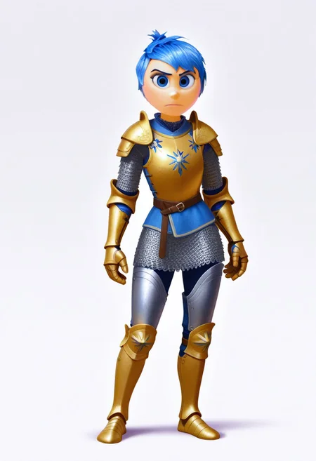 solo, joyemotion, blue hair, looking at viewer, armor, pauldrons, knight, greaves, cuisses, gauntlets, chainmail, full body, front view, blank background