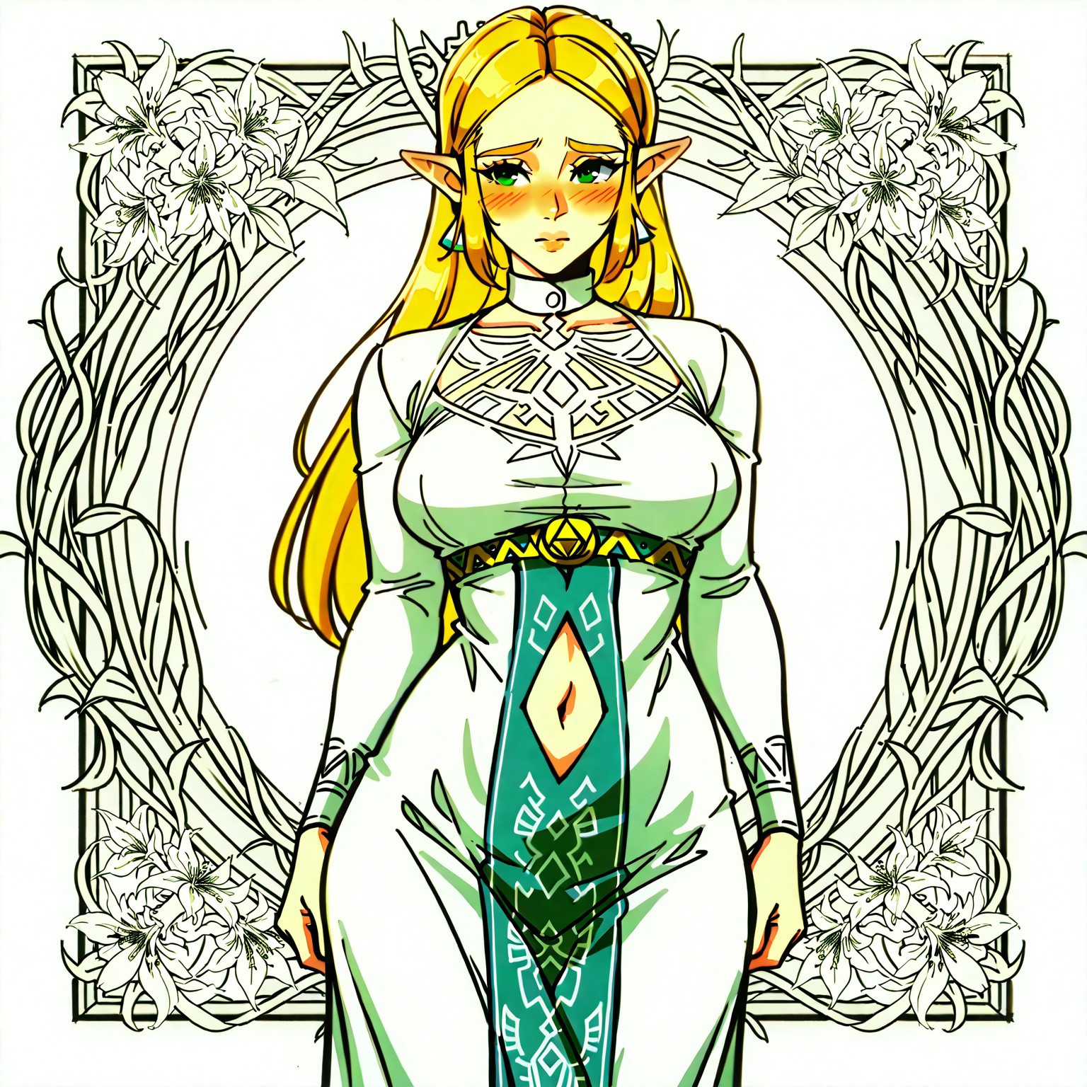 safe_pos, (4L3CT05TYL3:1.4),very aesthetic, intricate details, highly detailed background, masterpiece, high quality,limited color palette,lineart,vector art, 1girl, solo, Anime coloring, Princess Zelda, Zelda, solo focus, blonde hair, green eyes, white dress, long sleeve, fully covered, long dress, perfect breasts, navel cutout, embarrassed face, shy, posing, looking at viewer, simple background
