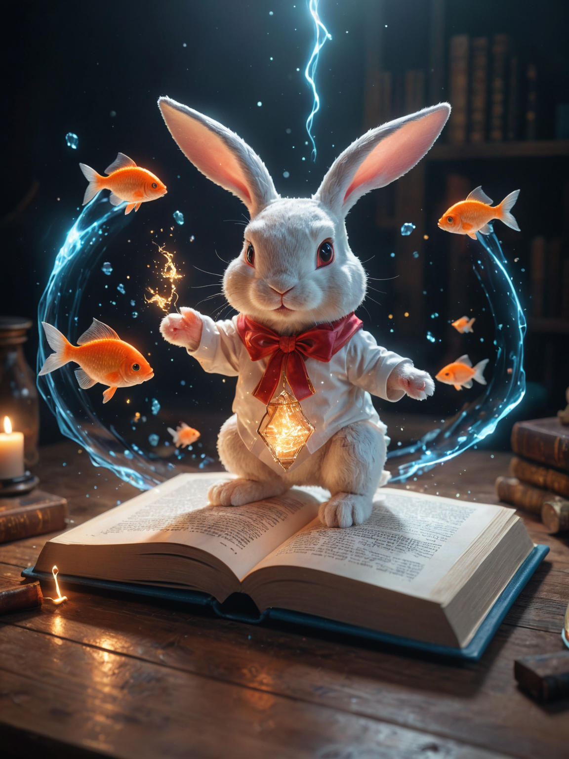 amazing quality, masterpiece, best quality, hyper detailed, ultra detailed, UHD, perfect anatomy, magic world, (bunny and fish:1.4), fish in the air, spell magic to get fresh fish as food,( fish jumping from magic book:1.3), energy flow, a full body of a cute bunny, kawaii, wearing witches robe, witches hat, holding magic book, magic book on one hand, spell magic, <lora:add-detail-xl:1.0>, extremely detailed, <lora:glowneon_xl_v1:0.75> glowneon, glowing