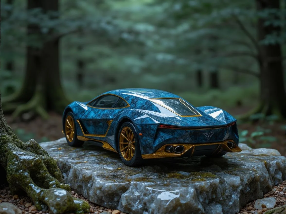 <lora:ck-polygon-gems-0019.safetensors:1> a crafted gemstone model in the style of cklg featuring a
In the heart of an ancient, mist-shrouded forest, a majestic vehicle stands as a testament to craftsmanship and mystery. Its form is an intricate blend of blue and gold, the colors of the heavens and the earth, reflecting a timeless elegance. The car's body, sculpted with sweeping, elegant curves, is not just a creation of modern metal but a relic of a forgotten era, weathered by the passage of time. The glossy finish, now softened by the touch of years, gleams faintly under the diffused light that filters through the dense canopy above, casting a mystical, haunting glow.
The intricate blue and gold detailing, once sharp and vibrant, now carries the patina of age, with each line and curve telling a story of its own. The car's surface is marred by the occasional scratch and dent, adding to its character and the sense of ancient magic that surrounds it. The environment adds to the scene's atmospheric quality: the ground is covered in a thick layer of moss and fallen leaves, the air heavy with the scent of damp earth and the whispers of forgotten tales.
The forest itself seems to embrace the car, with gnarled roots and weathered branches reaching out as if to protect it from the outside world. Flickering orange and golden highlights dance across the car's surface, as if ignited by the last embers of a long-extinguished fire. The scene is framed by the uneven, weathered edges of the forest, creating an antiquated, storytelling feel. The overall atmosphere is one of quiet hauntings, where the line between the past and the present blurs, and the car itself becomes a portal to a realm of ancient magic and foreboding allure.
