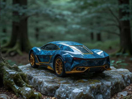 <lora:ck-polygon-gems-0019.safetensors:1> a crafted gemstone model in the style of cklg featuring a
In the heart of an ancient, mist-shrouded forest, a majestic vehicle stands as a testament to craftsmanship and mystery. Its form is an intricate blend of blue and gold, the colors of the heavens and the earth, reflecting a timeless elegance. The car's body, sculpted with sweeping, elegant curves, is not just a creation of modern metal but a relic of a forgotten era, weathered by the passage of time. The glossy finish, now softened by the touch of years, gleams faintly under the diffused light that filters through the dense canopy above, casting a mystical, haunting glow.
The intricate blue and gold detailing, once sharp and vibrant, now carries the patina of age, with each line and curve telling a story of its own. The car's surface is marred by the occasional scratch and dent, adding to its character and the sense of ancient magic that surrounds it. The environment adds to the scene's atmospheric quality: the ground is covered in a thick layer of moss and fallen leaves, the air heavy with the scent of damp earth and the whispers of forgotten tales.
The forest itself seems to embrace the car, with gnarled roots and weathered branches reaching out as if to protect it from the outside world. Flickering orange and golden highlights dance across the car's surface, as if ignited by the last embers of a long-extinguished fire. The scene is framed by the uneven, weathered edges of the forest, creating an antiquated, storytelling feel. The overall atmosphere is one of quiet hauntings, where the line between the past and the present blurs, and the car itself becomes a portal to a realm of ancient magic and foreboding allure.