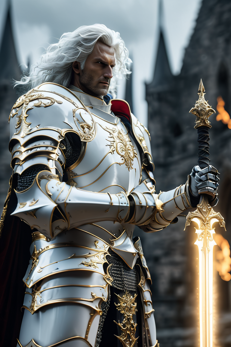 Cinematic shot of a knight wearing a white and gold armor, white hair, holding glowing sword, castle in background, HKStyle, HD, masterpiece, best quality, hyper detailed, ultra detailed, super realistic