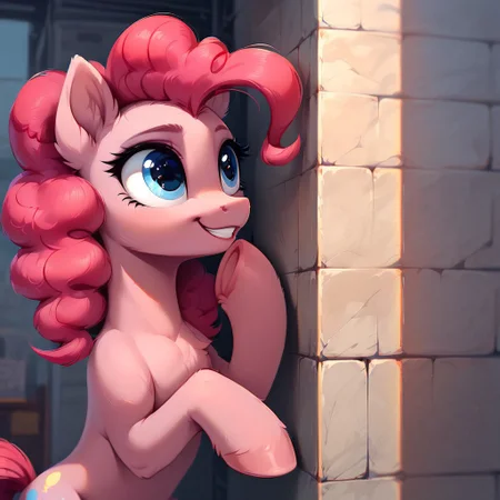 masterpiece, score_9, score_8_up, score_7_up, (best quality:1.1), ultra-detailed, high resolution, 1 girl, solo, pony, highly detailed macro illustration, Pinkie Pie maniacally smiling, hooves on face, Pinkie Pie, feral, female, mare, long eyelashes, (((beautiful detailed evil eyes))), Long eyelashes, fluffy, ear fluff, long eyelashes, (cornering), taking cover, spying, wall, Highly Visible, (((8k))), sharp focus, perfect lighting, anatomically correct, extremely detailed, shine on body, (pony town), high detail, crazy face, Expressiveh, detailed background, OverallDetail, zPDXL2, <lora:Corneringv1:0.8>