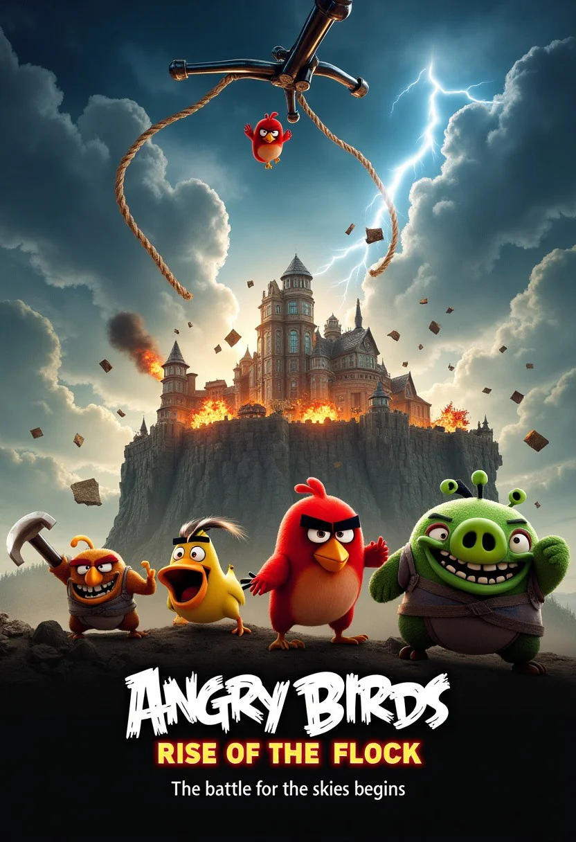 A dramatic, action-packed movie poster featuring a larger-than-life slingshot in the center, launching a fierce red bird through the air. The sky is dark and stormy, filled with towering clouds and lightning strikes. In the background, a massive fortress made of wood, stone, and glass stands ominously on a cliff, guarded by gigantic green pigs wearing battle armor. Explosions light up the scene as debris flies in every direction. The birdsaeach with distinct colors and powersaare shown mid-flight, ready for battle. The title 'Angry Birds: Rise of the Flock' is bold and metallic, with a glowing outline, while a tagline below reads, 'The battle for the skies begins.' The overall tone is intense and grand, reminiscent of epic adventure films.