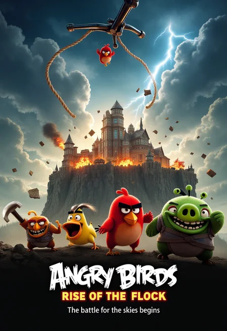 A dramatic, action-packed movie poster featuring a larger-than-life slingshot in the center, launching a fierce red bird through the air. The sky is dark and stormy, filled with towering clouds and lightning strikes. In the background, a massive fortress made of wood, stone, and glass stands ominously on a cliff, guarded by gigantic green pigs wearing battle armor. Explosions light up the scene as debris flies in every direction. The birdsaeach with distinct colors and powersaare shown mid-flight, ready for battle. The title 'Angry Birds: Rise of the Flock' is bold and metallic, with a glowing outline, while a tagline below reads, 'The battle for the skies begins.' The overall tone is intense and grand, reminiscent of epic adventure films.