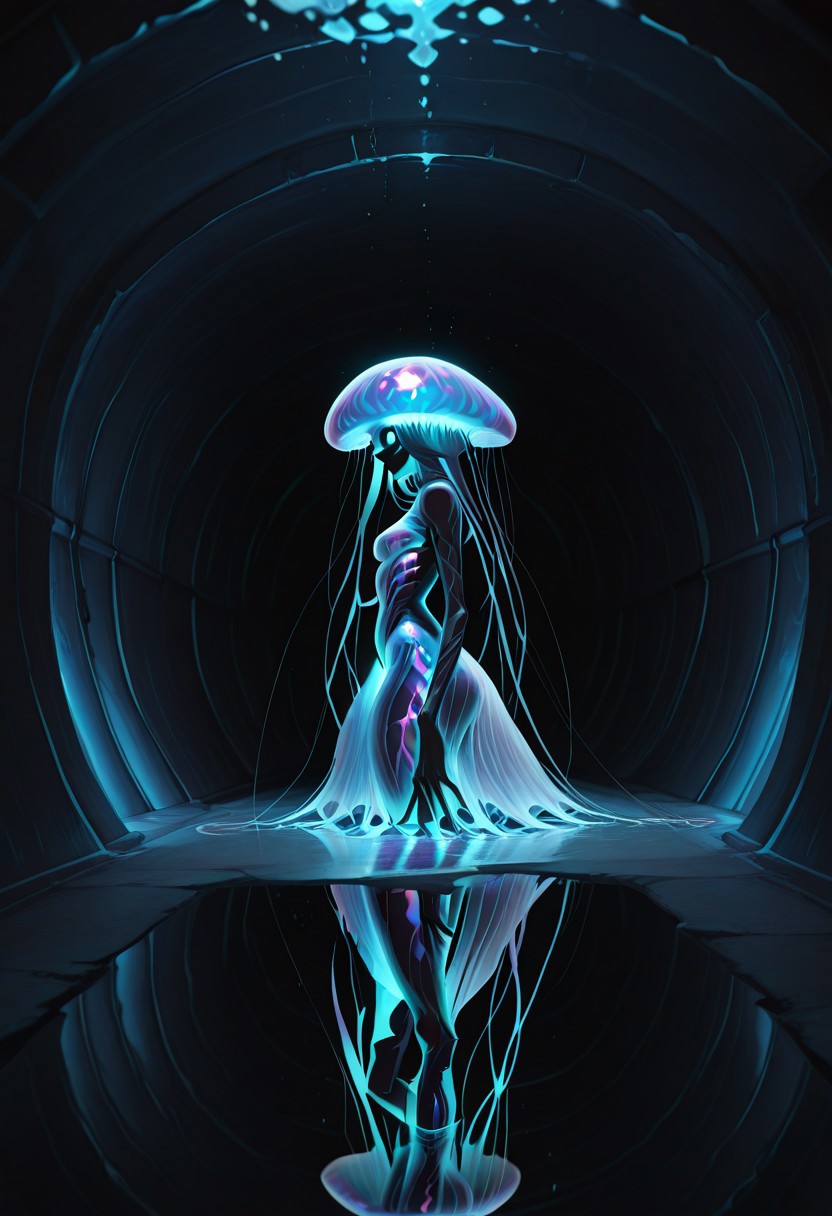 masterpiece, absurdres, best quality, amazing quality, ultra-detailed, newest, extremely detailed, very aesthetic, 
ultra detailed, intricate detail, ultra sharp, 
exquisite detail, exciting background, 
rating_safe, sfw, 
BREAK, 
monster girl, frog girl, jellyfish, 
evil smile, from side, 
Underwater, 
tunnel, sewer tunnel, reflection, creepy, dark, dirty,