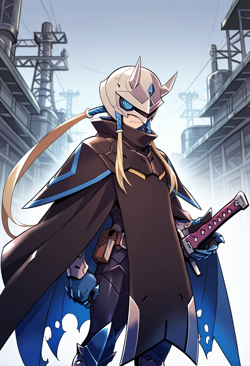 masterpiece, best quality, <lora:blade:1>, g.v.blade, horned helmet, cape, gauntlets, armor, armored boots, sword, standing, upper body, factory