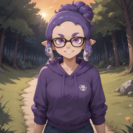 score_9, score_8, BREAK, solo, splatoon, inkling, female inkling, 1girl, tentacle hair, purple hair, single hair bun, purple eyes, glasses, cute, purple eyebrows, purple hoodie, purple jeans, purple shoes, breasts, Jeanette_Romero_(\OC_Inkling\), sexy pose, self portrait, smile, outdoors, sunlight, shadows, evening lighting, natural lighting, forest, trees, grass, orange sky, sunset