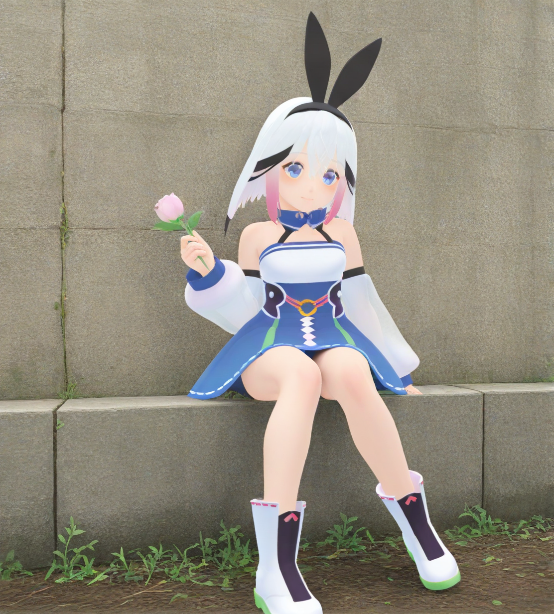 <lora:ãã­ãã·ã´ã£ã¼Puroto_ShivÄ«:1.1>,1girl,
ãã­ãã·ã´ã£ã¼(Puroto ShivÄ«),blue eyes,multicolored hair,white hair,pink sidelocks, short hair,bangs,
bunny ears,hairband,
blue dress,bare shoulders,strapless dress,
detached sleeves.see-through,white sleeves,
white boots,
holding, looking at viewer, solo, flower, 
animated,very awa, masterpiece, best quality, highres, absurdes,amazing quality,very aesthetic,intricate details,scenery,
<lora:hand 5.5:0.8>
