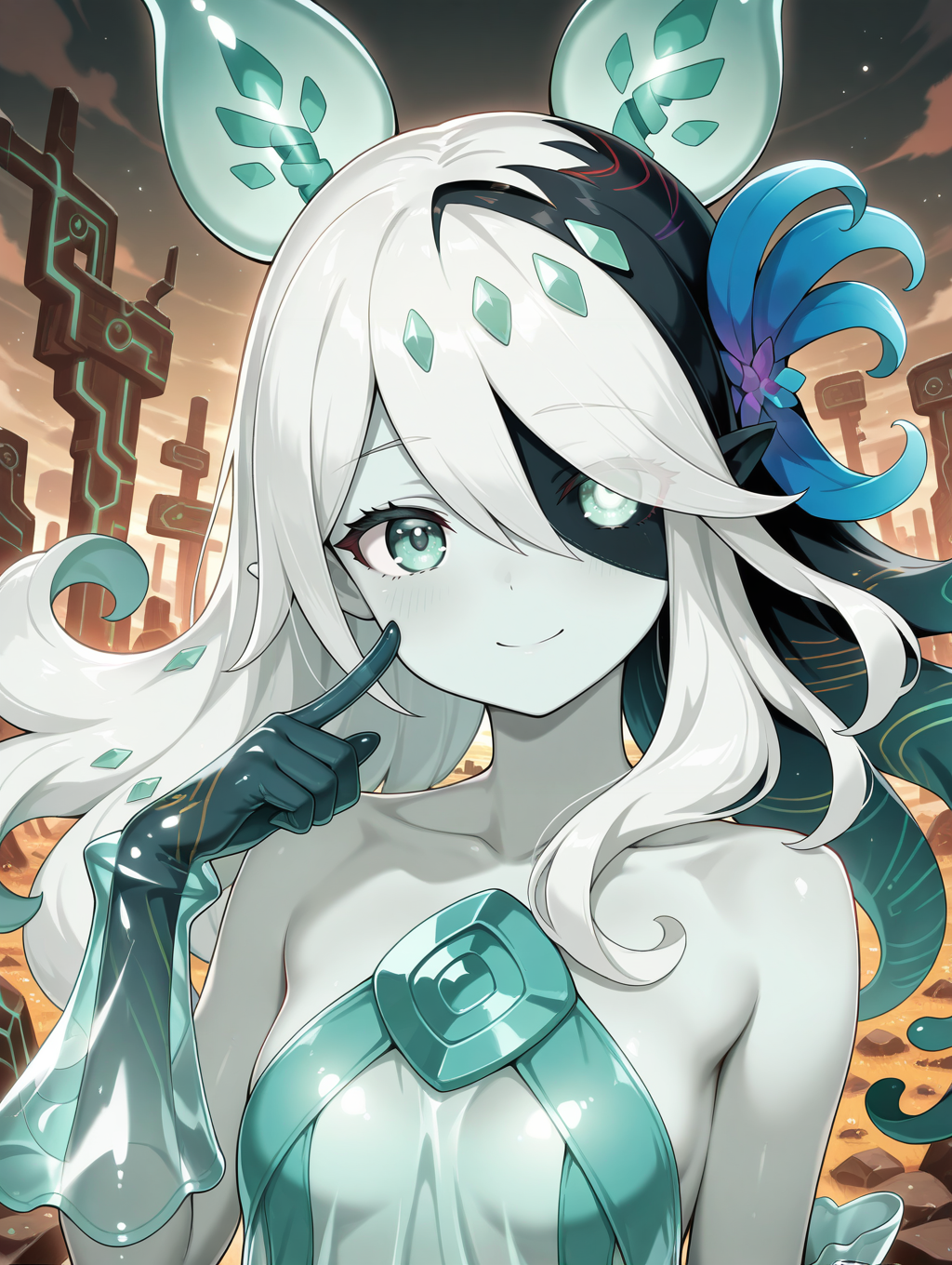 monster girl, icejade acti, 1girl, solo, smile, looking at viewer, upper body, hair over one eye, closed mouth, hair flower, collarbone, see-through body, see-through gloves, see-through dress, finger to cheek, heterochromia,historical ruins,
masterpiece,best quality,amazing quality,very aesthetic,absurdres,newest,<lora:Icejade Acti illuXL v1.2:0.83>,