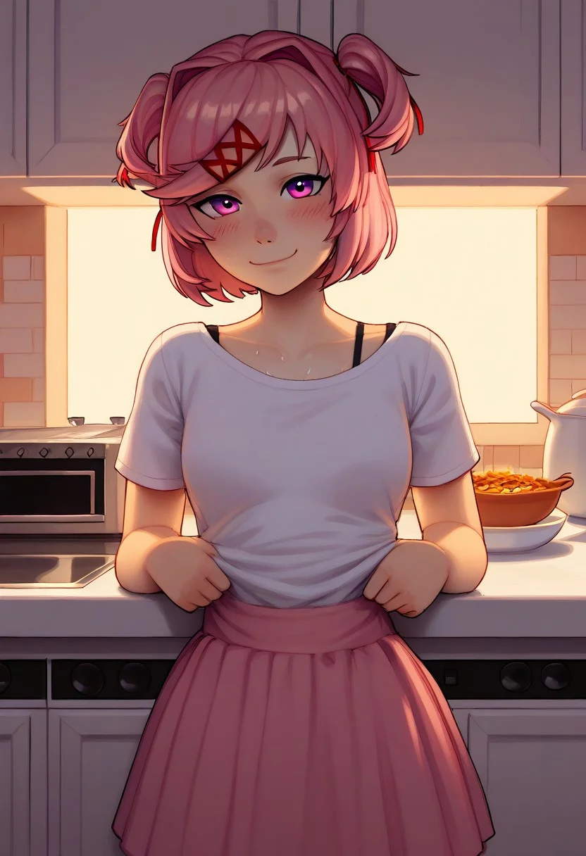 score_9, score_8_up, score_8_up, 1girl, Natsuki Doki Doki Literature Club, solo female, cute girl, pink hair, short hair, white T-shirt, black bra strap, pink skirt, fluffy skirt, looking at viewer, beautiful pink eyes, blush, happy smile, excited, sweaty skin, small breasts, neon, cowboy shot
BREAK
white kitchen, beautiful kitchen, oven, microwave, table, open house, (godrays)