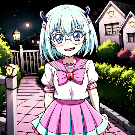 best quality, masterpiece, detailed, Crocell Kerori, smile, closed mouth, light blush, happy, light blue hair, short hair, blue eyes, horns, round eyewear, colored eyelashes, KeroriSchoolUniform, school uniform, serafuku, pink skirt, bow, standing, looking at the viewer, halloween, outdoors, night