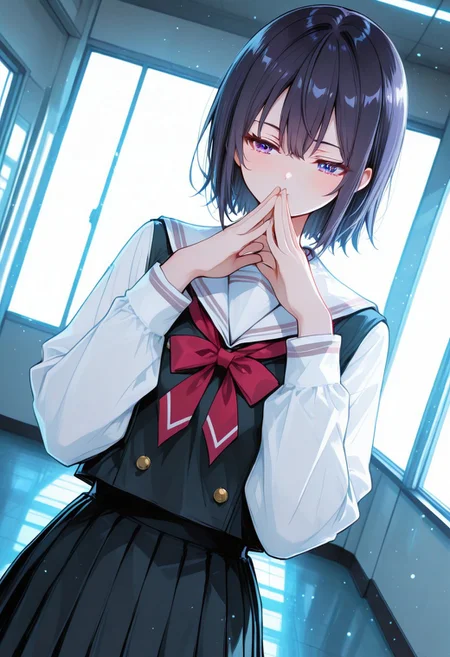 School uniform,school hallway, Tokidoki Bosotto Russia-go De Dereru Tonari No Alya-san anime style, ma1ma1helmes_b_illu, 1girl, gakumas,, klskx, 748cmstyle, dutch angle, close-up, BREAK styling pose, fashion pose, bloom, soft lighting, BREAK perfect details, masterpiece, best quality, ultra-detailed, best illustration, high resolution, extremely detailed CG, unity 8k wallpaper, super detailed skin, perfect anatomy, detailed, cinematic lighting, dynamic lighting, light particles, abstract, beautiful detailed eyes, absurdres, very aesthetic, detailed background, depth of field