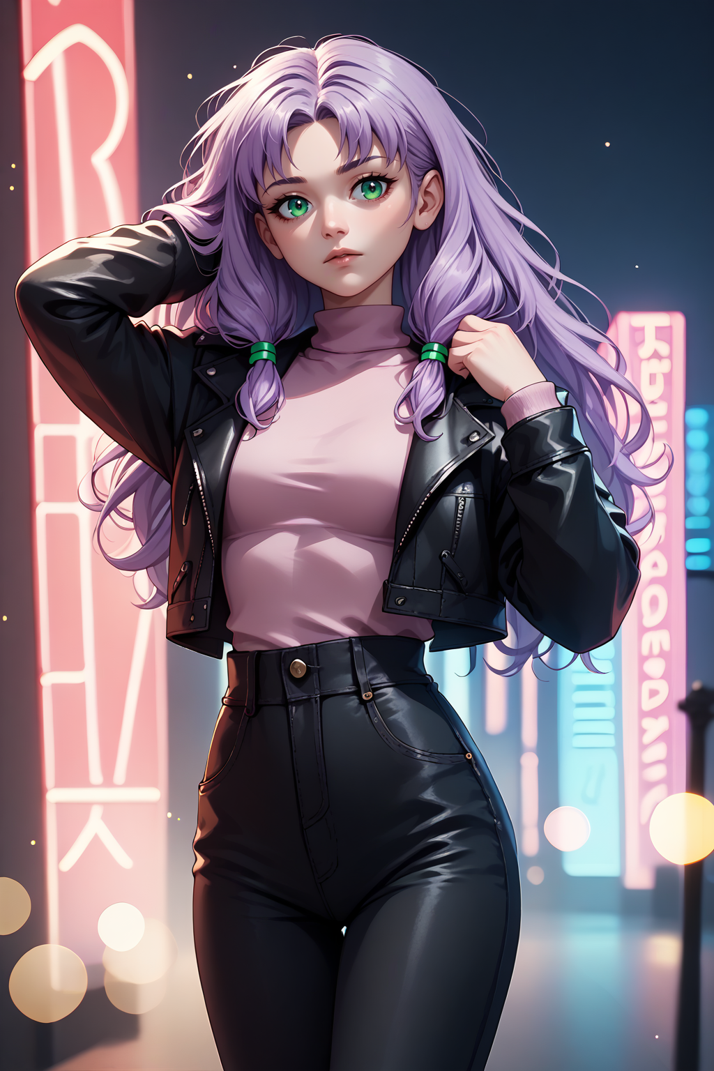 score_9, score_8_up, score_7_up BREAK 1girl, solo,  <lora:NSFlorinaFE7:1> NSFlorinaMisc, light purple hair, long hair, parted bangs, low-tied sidelocks, bokeh,  neon lights, black hair, multicolored hair, leather jacket, black jacket, pink turtleneck, high waist pants, black pants, green eyes