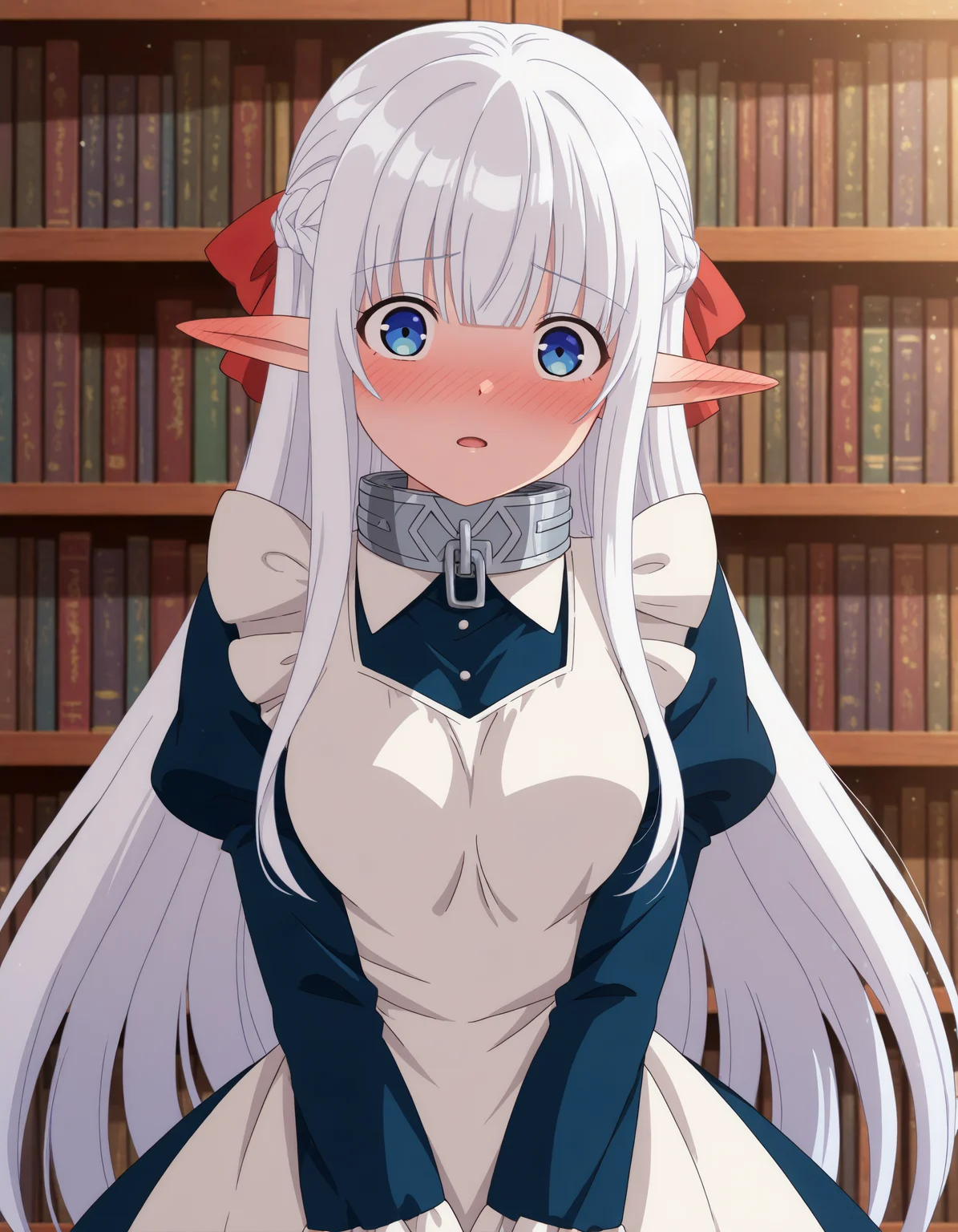 blue eyes, nephy, snow white hair, elf ears, 1girl, solo, long_hair, looking_at_viewer, blush, open_mouth, blue_eyes, long_sleeves, dress, ribbon, white_hair, braid, frills, pointy_ears, puffy_sleeves, apron, collar, red_ribbon, maid, book, nose_blush, chain, juliet_sleeves, elf, white_apron, maid_apron, french_braid, bookshelf, ear_blush, metal_collar, library,
hdr, low contrast, masterpiece, best quality, absurdres, highres, perfect anatomy, anime style, anime screenshot, ultra high quality, extremely detailed cg, perfect lighting, (sharp image)