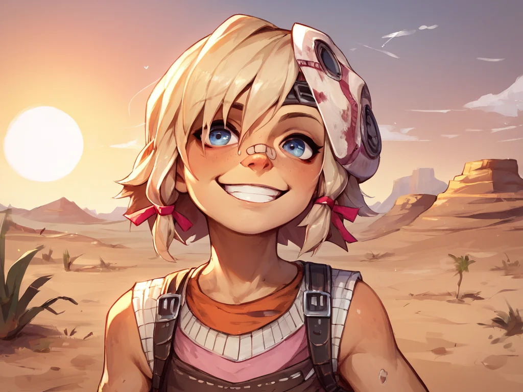 score_9, score_8_up,score_7_up, <lora:TinyTinaBL2_PONY_V1:1> tinytinabl2, solo, 1girl, portrait, smiling, outdoors, desert, sun, heat, young girl
