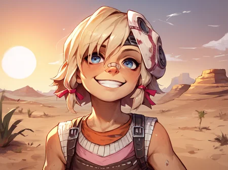 score_9, score_8_up,score_7_up, <lora:TinyTinaBL2_PONY_V1:1> tinytinabl2, solo, 1girl, portrait, smiling, outdoors, desert, sun, heat, young girl