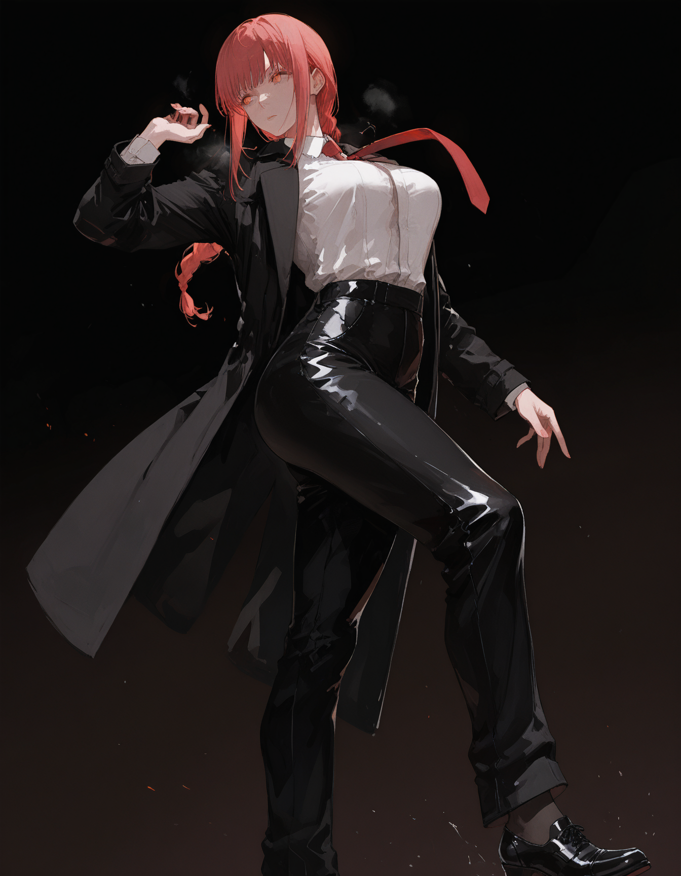 masterpiece,best quality,amazing quality,very aesthetic,high resolution,ultra detailed,perfect details,
1girl,makima,mai_style,mature female,standing,dynamic pose,white collared shirt,black pants,red tie,black leather shoes,black coat,solo,<lora:makima_mai:0.7>,thin thighs,
simple background,<lora:96YOTTEA-WAI:1>,