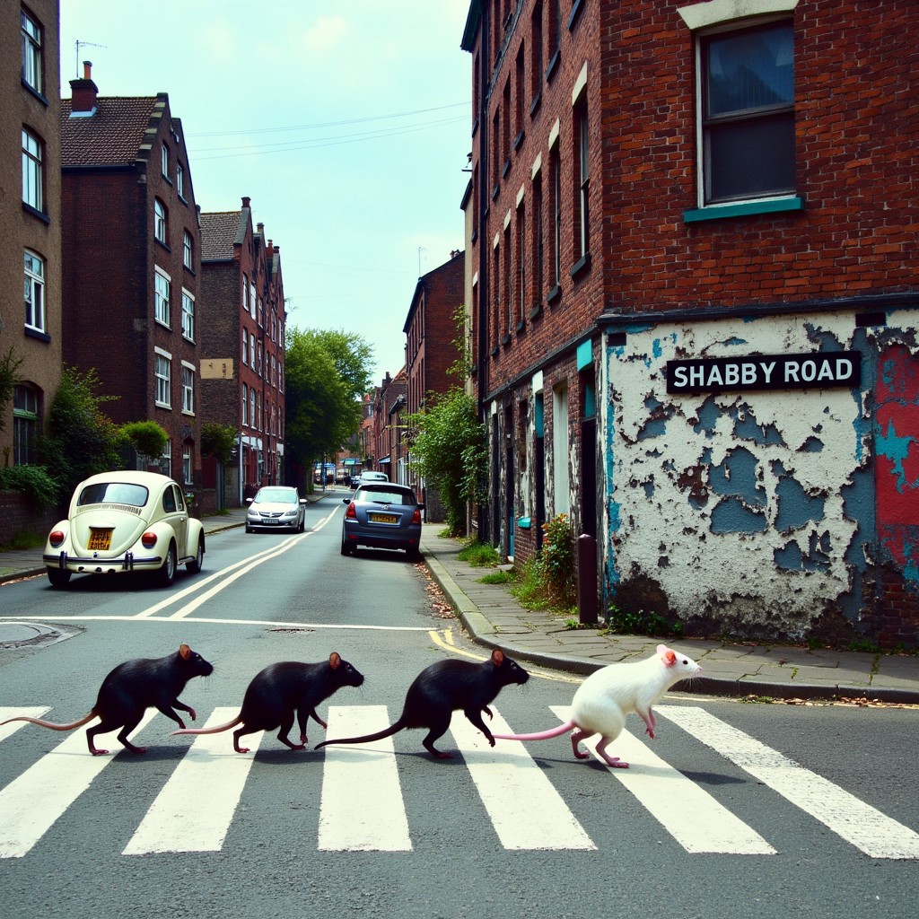 classic album cover reenactment amongst urban decline of abandoned high-street under blue skies, long shot of four rats on zebra crossing walking, on right wall is old nameplate white letters on black, reads "SHABBY ROAD", overgrown cracked road intersection, at left side of road is a white Volkswagen Beetle, rear yellow registration plate reads "LMW 281F", peeling plaster painted cracked brick black white red cyan blue abstract over rats, blue rat gray rat black rat white, fab four walking to right-hand side