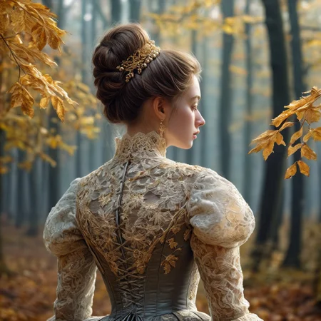 epiCRealism, masterpiece, highly detailed, one girl in a extremely detailed Victorian dress, lace and embroidery with golden leaves and pearls, hair made in a high bun, she walks alone through a late autumn forest in a cold morning, the Sun has just risen and timid sun-rays pierce the autumn leafs and reaches the early mist that clings to the earth, time stands still while early snowflakes falls from a grey sky