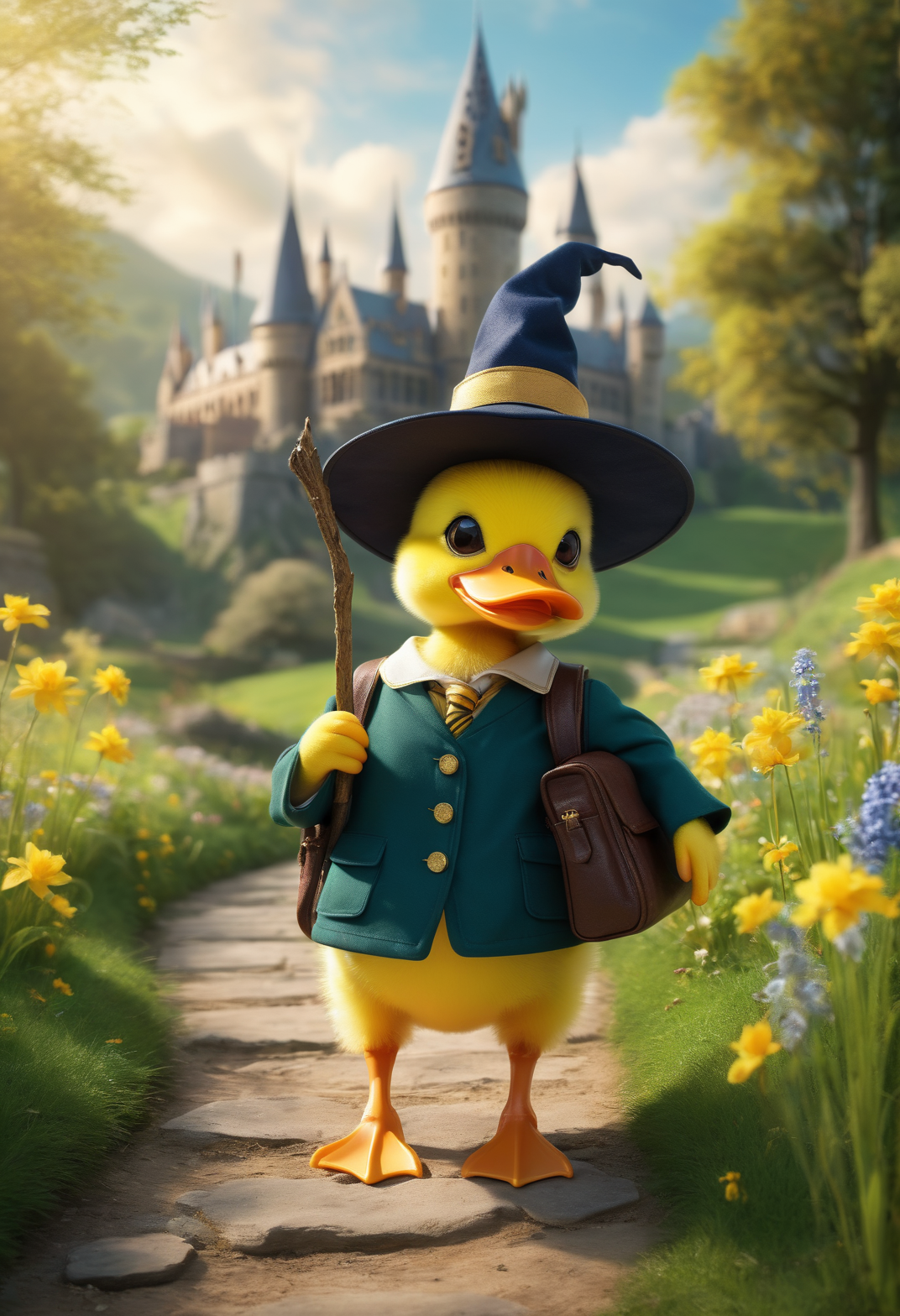 Wildlife photo,masterpiece,rich in details,realistic and lifelike,creating a beautiful image of a little yellow duck in the uniform of Hogwarts School of Witchcraft and Wizardry,carrying a schoolbag,wearing a magic hat,holding a magic wand,looking back,going to the magic school,with an idyllic scenery in the background,conveying peace and tranquility. The magic castle,green grass,blooming flowers and soft sunlight enhance the tranquil scene of comfortable rest,(depth of field blur:1.1),multiple elements,transparent picture,clear layers,distinct light and dark,rich details,clear focus,medium sea blue and radiant dark tones,yellow-green color matching,light cyan warm tones,