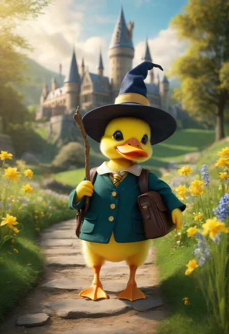 Wildlife photo,masterpiece,rich in details,realistic and lifelike,creating a beautiful image of a little yellow duck in the uniform of Hogwarts School of Witchcraft and Wizardry,carrying a schoolbag,wearing a magic hat,holding a magic wand,looking back,going to the magic school,with an idyllic scenery in the background,conveying peace and tranquility. The magic castle,green grass,blooming flowers and soft sunlight enhance the tranquil scene of comfortable rest,(depth of field blur:1.1),multiple elements,transparent picture,clear layers,distinct light and dark,rich details,clear focus,medium sea blue and radiant dark tones,yellow-green color matching,light cyan warm tones,