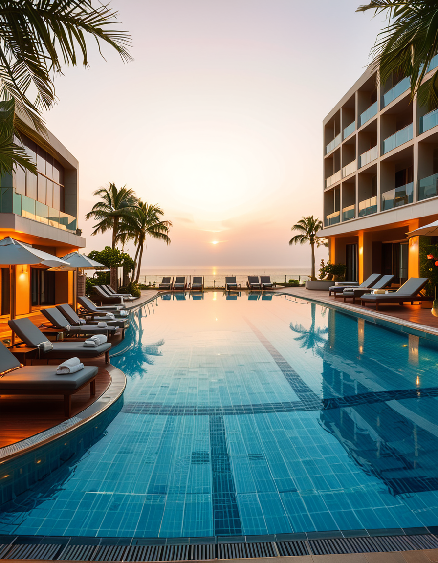 A luxurious hotel swimming pool at sunset, surrounded by elegant lounge chairs and palm trees. The crystal-clear water reflects the warm hues of the sky, creating a serene and inviting atmosphere. The pool has an infinity edge overlooking a breathtaking ocean view, with soft ambient lighting enhancing the tranquil mood. The surrounding area is immaculately maintained, with neatly arranged sunbeds, stylish umbrellas, and a sleek modern poolside bar in the background. The scene is captured in ultra-high resolution, with photorealistic details emphasizing the shimmering water, the textures of the pool tiles, and the gentle movement of palm leaves in the evening breeze.
<lora:SDXLFaeTastic2400:0.4> <lora:extremely_detailed:0.4> extremely detailed, <lora:hotel_sw1mm1ng_p00l:1>,hotel sw1mm1ng p00l, Masterpiece,best quality,hi res,8k,hi res,8k,award winning,(sharp focus, intricate, highly detailed),
