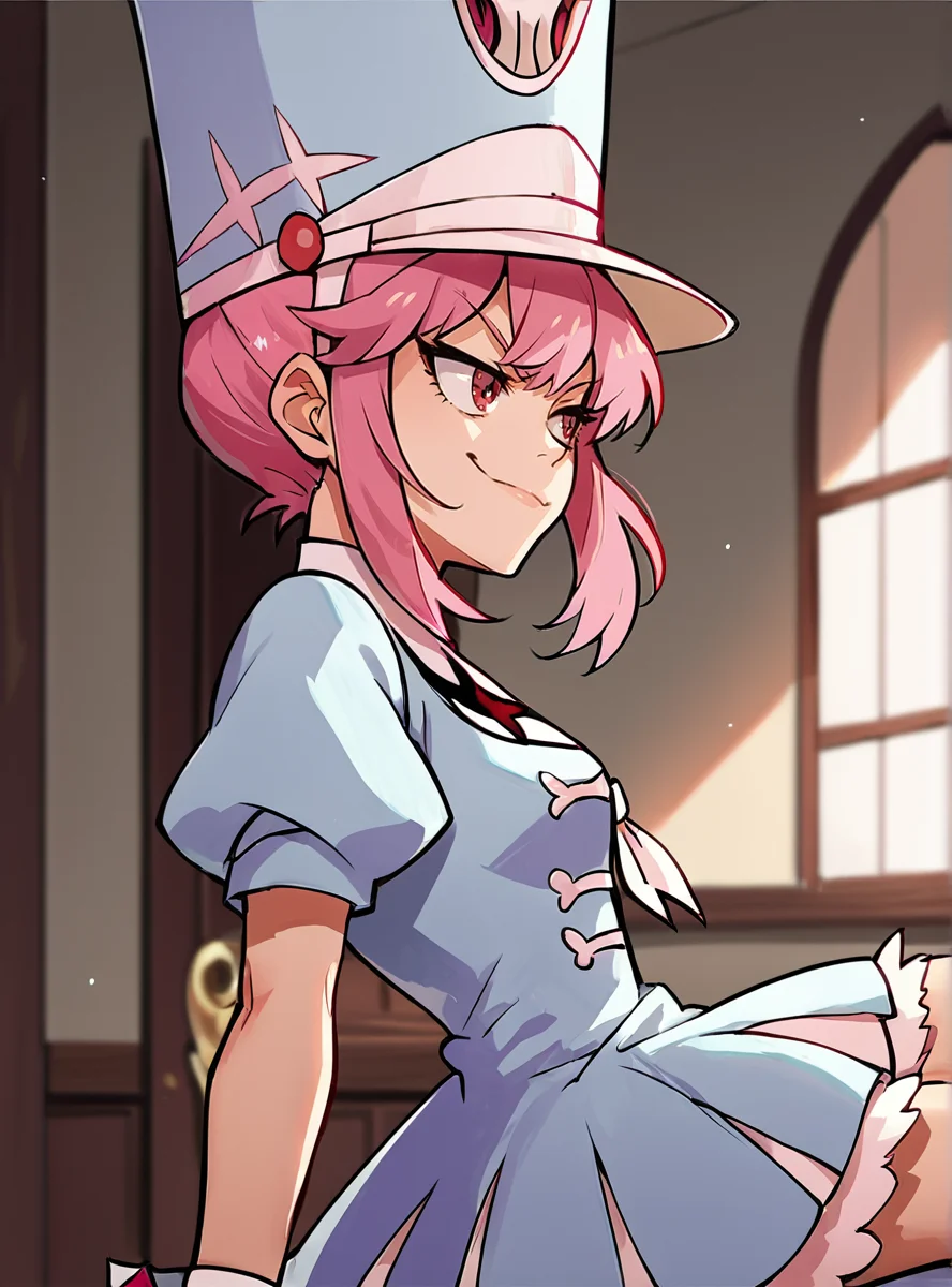 score_9, score_8_up, score_7_up, score_6_up, score_5_up, score_4_up , source_anime, anime screencap,  <lora:Nonon2:0.8>jakuzure nonon, pink hair, pink eyes, sidelocks, shako cap, uniform, dress,indoors,boots, smirk, upper body,