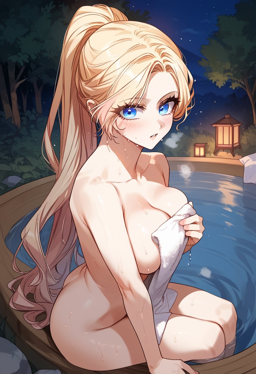 safe_pos, zPDXL3, score_9_up, score_8_up, score_7_up, (Anime_source), 1girl, DorotheaMillanaire, blue eyes, blonde hair, long hair, ponytail, nude, towel, covering, parted lips, sitting in hot tub, outside, night, trees, cowboy shot, steam, wet, looking at viewer, from side, from above, blush