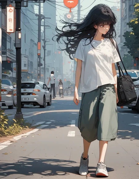 score_9, score_8_up, score_7_up, score_6_up, score_5_up, score_4_up, source_anime, 1girl, solo, 18yo, (slim face:1.5), (bangs:1.2), skinny, thin body, wide hips, thin thighs,
<lora:Expressive_H:1><lora:Kenva:0.8> <lora:naipf:0.6>
motor vehicle, black hair, ground vehicle, car, solo, shirt, sidewalk, bag, walking, long hair, pants, white shirt, shoes, outdoors, t-shirt, sneakers, shadow, holding, short sleeves