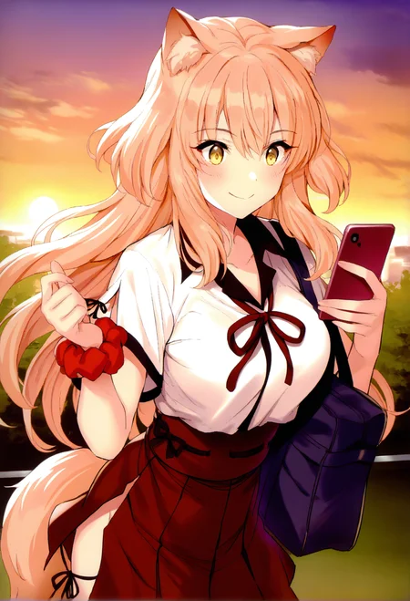 masterpiece, best quality, 1girl, solo, light orange hair, animal ears, long hair, yellow eyes, white shirt, short sleeves, collared shirt, single wrist scrunchie, red wrist scrunchie, red ribbon, neck ribbon, red hakama short skirt, black ribbon-trimmed hakama, tail, shoulder bag, holding phone, smartphone, happy, cowboy shot, looking at phone, sunset, park