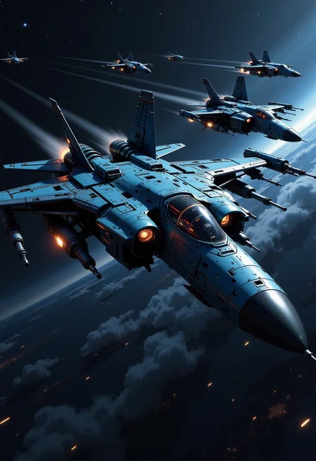 in the style of ck-mgs, A digital artwork in the style of cknc, a_skynet_cyberdyne_craft, the image is featuring a squadron of futuristic, highly advanced jet fighters flying rapidly in space past a capital spaceship, silhouetted, chiascuro, black background, stars, nebula. The fuselage is painted in camouflage blue and black, and the cockpit shows glowing led lights, and has a large air intake, dutch angle, the image slanted diagonally, motion blur