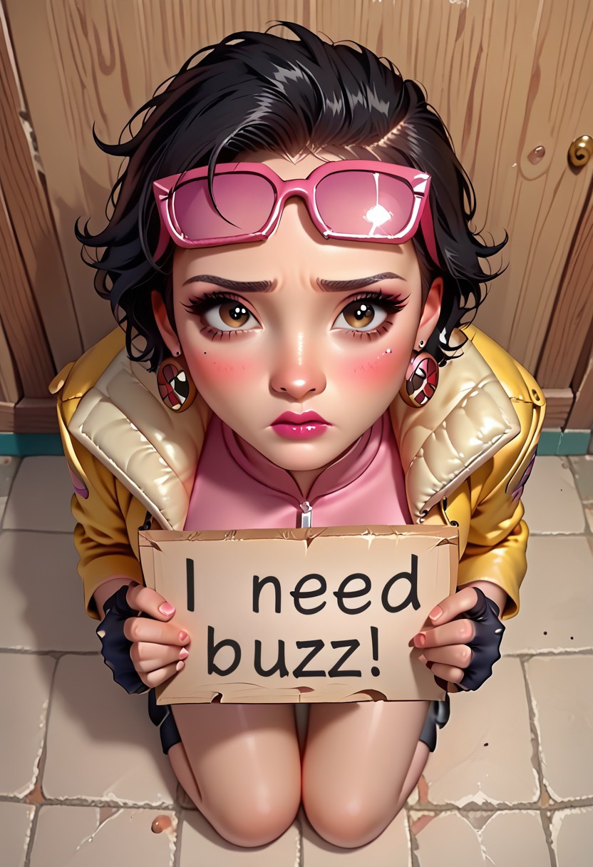 score_9, score_8_up, score_7_up, score_6_up, score_5_up, score_4_up, masterpiece, beautiful illustration, morimee_style, cute face, 1girl, JubileeXMXL, lipstick, brown eyes, black hair, short hair, eyewear on head, earrings, small breasts, yellow jacket, pink crop top, symbol print, navel, black gloves, single fingerless gloves, (full body, slightly from above), on her knees, sad, blush, detailed background,  looking at viewer, about to cry, holding a sign, indoors BREAK need_buzz, holding sign (sign text: I NEED BUZZ), SFW, face focus, watery eyes,