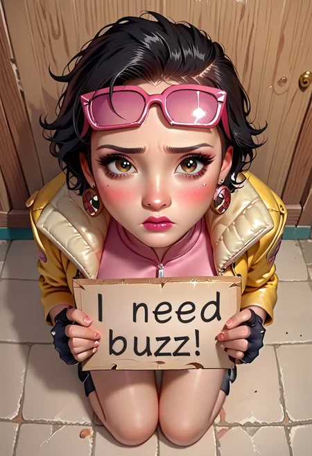 score_9, score_8_up, score_7_up, score_6_up, score_5_up, score_4_up, masterpiece, beautiful illustration, morimee_style, cute face, 1girl, JubileeXMXL, lipstick, brown eyes, black hair, short hair, eyewear on head, earrings, small breasts, yellow jacket, pink crop top, symbol print, navel, black gloves, single fingerless gloves, (full body, slightly from above), on her knees, sad, blush, detailed background, looking at viewer, about to cry, holding a sign, indoors BREAK need_buzz, holding sign (sign text: I NEED BUZZ), SFW, face focus, watery eyes,