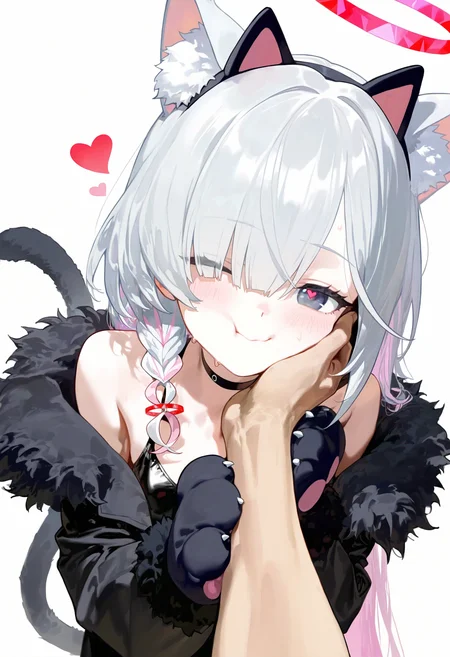 ,1girl,animal hands,animal ears,plana (blue archive),heart,halo,pov hands,black eyes,paw gloves,cat ears,pov,gloves,black hairband,long hair,cheek squash,hand on another's face,red halo,cat paws,hand on another's cheek,black choker,fur trim,hairband,symbol-shaped pupils,one eye closed,colored inner hair,braid,hair over one eye,multicolored hair,choker,looking at viewer,single braid,solo focus,pink hair,white background,white hair,fake animal ears,simple background,heart-shaped pupils,blush,red pupils,1boy,upper body,closed mouth,bare shoulders,pink pupils,pink halo,tail,cheek press,cat tail,off shoulder,black gloves,1other,two-tone hair,alternate costume,smile,animal ear fluff,sensei (blue archive),black coat,grey hair,long sleeves,<lora:Illustrious\nyalia_NoobXL.safetensors:0.7:0.7>,masterpiece,best quality,amazing quality,very aesthetic,absurdres,newest