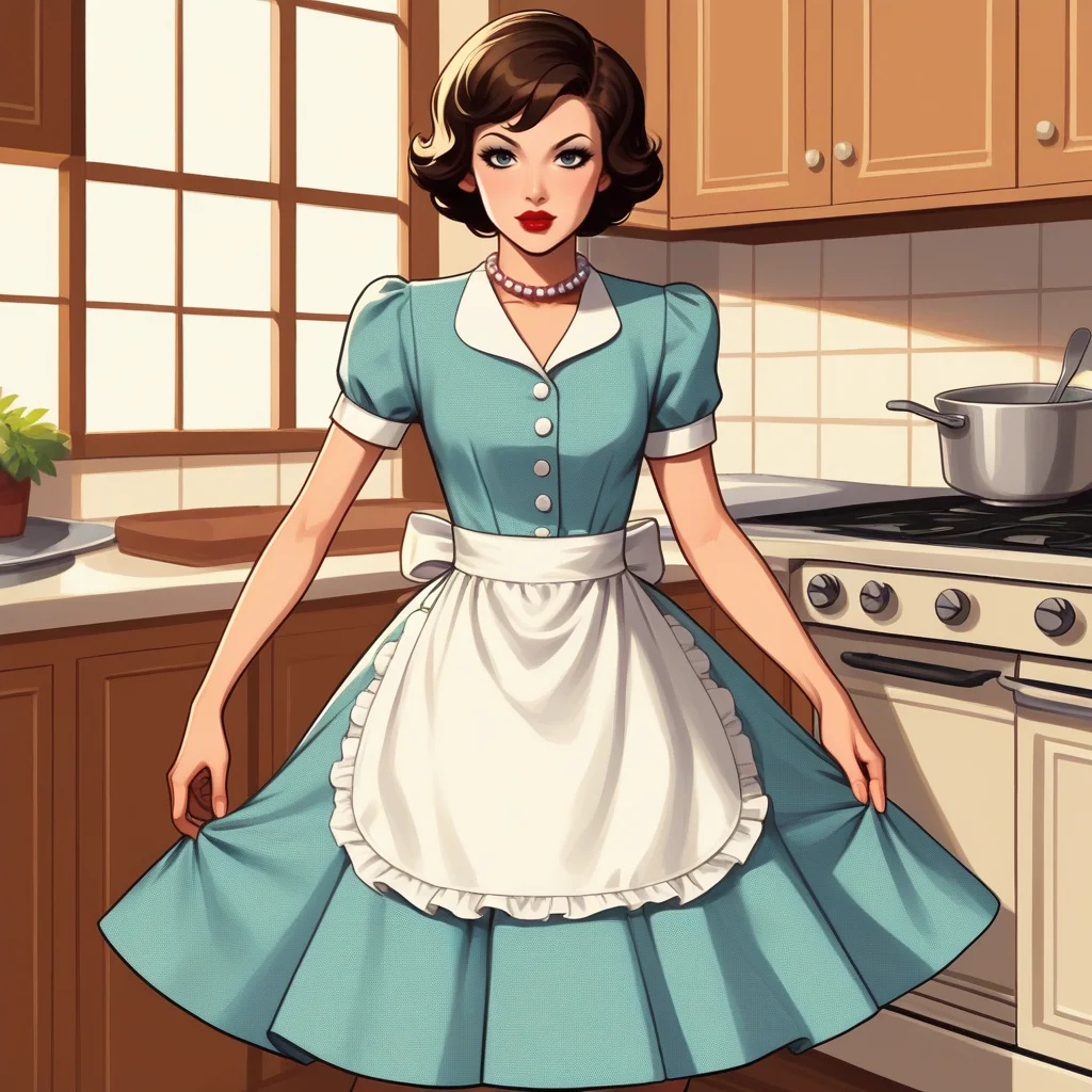 score_9, score_8_up, score_7_up, score_6_up, score_5_up, score_4_up, zPDXL2,source_anime,rating_questionable, 1girl, solo, looking at viewer, <lora:1950s_Housewife_Outfit:0.8> 50sHous3Wif3, dress, apron, short sleeves, heels, pearl necklace, jewelry, makeup, short hair, lipstick, kitchen