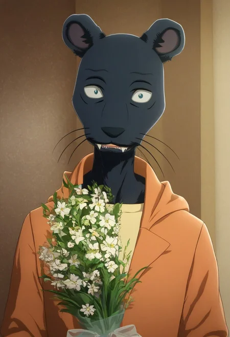 score_9_up, score_8_up, score_7_up, masterpiece, best quality, amazing quality, very aesthetic, absurdres, newest, high quality, detailed, male, solo male, TaoBeastars, 1boy, mature male, male, athletic build, anthro, black panther, animal ears, black fur, grey blue eyes, round ears, whiskers, tan shirt, orange jacket, brown slacks, half body, looking at viewer, smiling, fangs, volumetric lighting, standing, holding bouquet of flowers