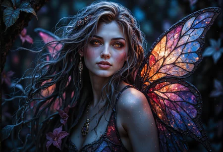 ArsMJStyle, Stained Glass,dark fantasy, eerie,. A breathtaking young elf with delicate, stained glass butterfly wings, glowing softly as they catch the light. Her skin is smooth, radiant, and flawless, with a subtle luminescence under natural lighting. She stands in a lifelike enchanted forest, the soft glow of bioluminescent plants surrounding her. Her butterfly wings shimmer with a stained glass effect, detailed with intricate patterns and transparent sections that reflect ambient light like a prism. Her flowing, silky hair moves gently in the wind, each strand rendered with ultra-realistic texture. The elf's face is serene, with lifelike features and striking, luminous eyes that shine with a hint of magic. Her expression is peaceful yet captivating, drawing attention to the exquisite craftsmanship of her facial details. Highly detailed, photorealistic, sharp focus, volumetric lighting, realistic shadows, ultra-high definition, and cinematic atmosphere., <lora:StainedGlassFlux.safetensors:1.0:1.0> <lora:fantasy-flux-v1.safetensors:1.0:1.0> <lora:Flux Darkfantasy_epoch_1.safetensors:0.75:0.75>