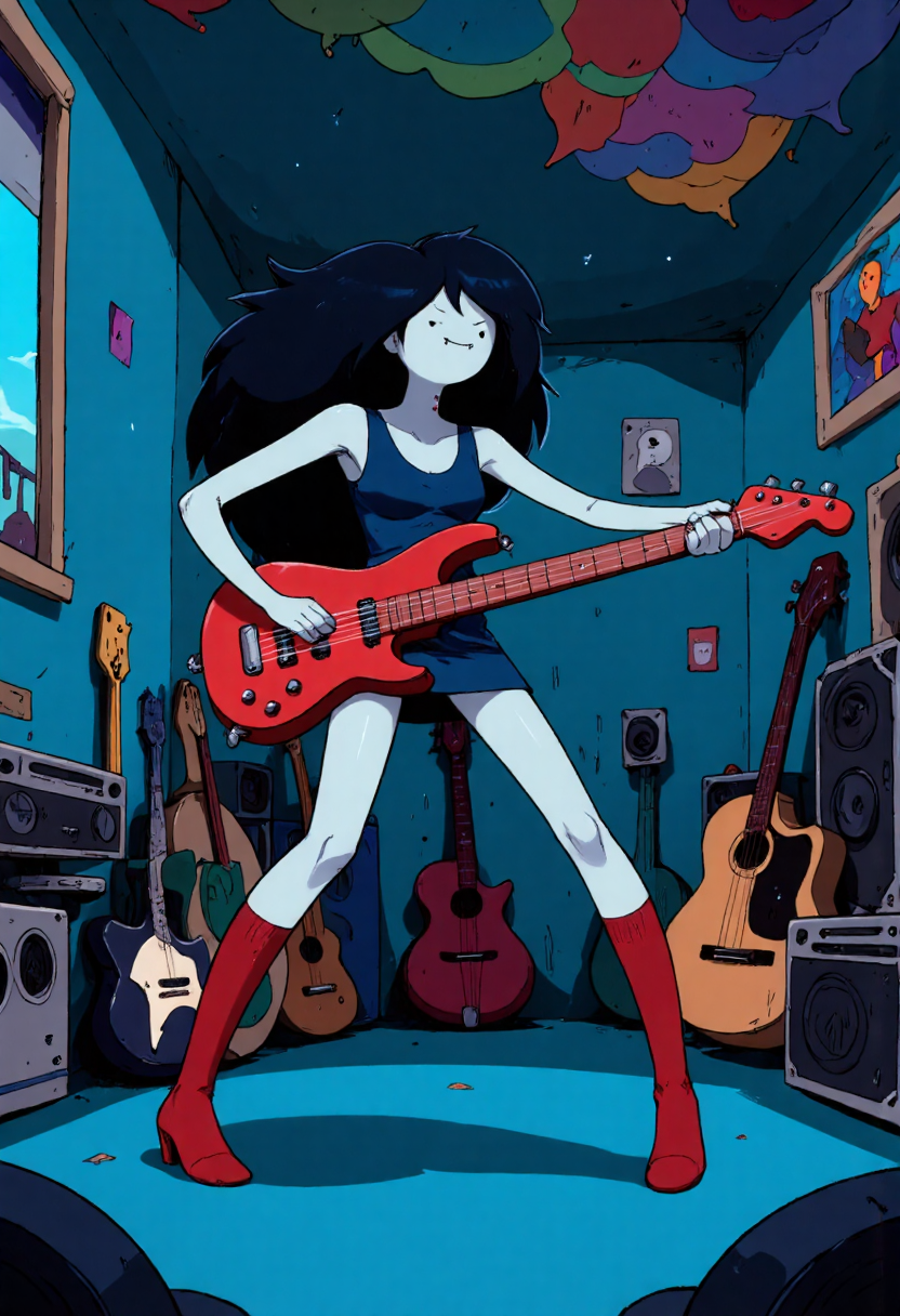 a digital drawing in a cartoon style, featuring Marceline Abadeer from adventure time, the character, is depicted in a dynamic pose, playing a red electric guitar with a mischievous expression, her eyes are closed, wearing a blue dress and red socks, giving her a cartoonish appearance, the background shows a dimly lit room with a blue-tinted floor and walls, there are various musical instruments, including a double bass, a guitar, and a boombox, scattered around, adding to the chaotic atmosphere, the room appears to be a recording studio or music room, with a large window on the left, through which a colorful, abstract painting hangs, the lighting is soft and diffused, creating a moody ambiance, the overall color palette is muted, with shades of blue, green, and purple dominating the scene, the texture of the drawing is smooth, with clean lines and a slightly rough, polished finish, typical of modern digital art<lora:CustomFlux/Marceline_Abadeer.safetensors:1.0:1.0> <lora:CustomFlux/MysticRealism.safetensors:0.5:0.5> <lora:CustomFlux/MysticFantasy.safetensors:0.5:0.5>