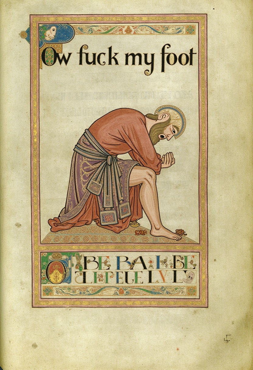 BookOfKells, full page with (title text "Ow fuck my foot":1.45) from a medieval illuminated manuscript, with a large illustration portrait of a man hunched over in pain, holding his injured foot. There are Lego bricks near the man. Bottom of page text "who left this Lego here dammit"