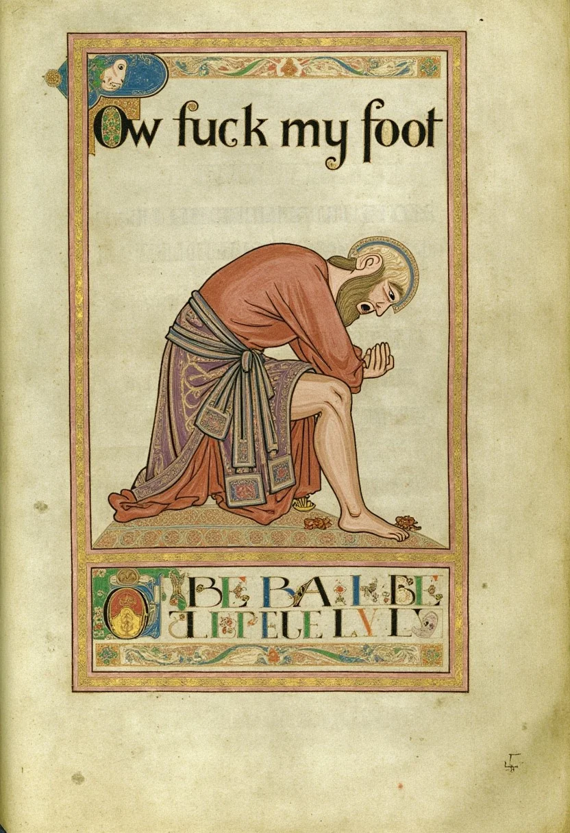 BookOfKells, full page with (title text "Ow fuck my foot":1.45) from a medieval illuminated manuscript, with a large illustration portrait of a man hunched over in pain, holding his injured foot. There are Lego bricks near the man. Bottom of page text "who left this Lego here dammit"