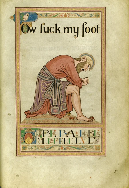 BookOfKells, full page with (title text "Ow fuck my foot":1.45) from a medieval illuminated manuscript, with a large illustration portrait of a man hunched over in pain, holding his injured foot. There are Lego bricks near the man. Bottom of page text "who left this Lego here dammit"
