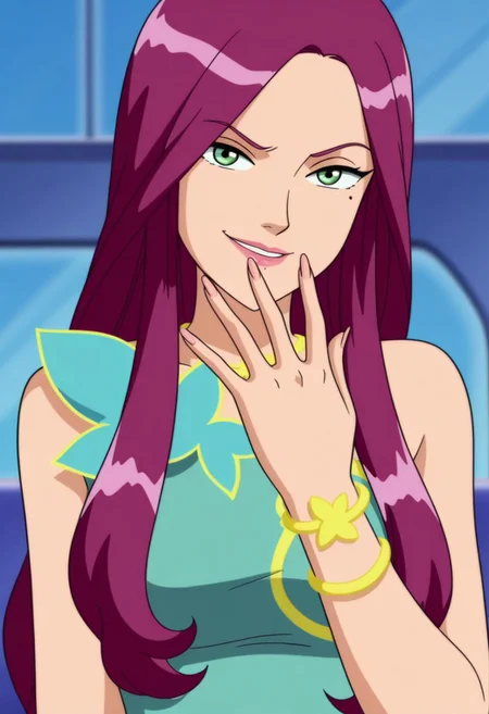 masterpiece, best quality, good quality, 1girl, solo, cartoon, violet_vanderfleet_totally_spies, light blue eyes, purple hair, long hair, mole under eye, jewelry, bracelet, blue floral dress, large breasts, beautiful, detailed, high detailed, very beautiful, detailed face, detailed eyes, detailed hand, fingernails, long nails, abstract background, smirk, looking at viewer, face focus