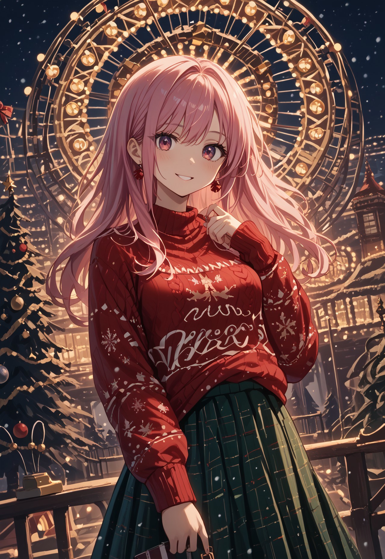 safe_pos, score_9, score_8_up, score_7_up,source_anime,  4K, finely detailed, masterpiece, intricate details, beautiful detailed, delicate, best quality, 
(amusement park:1.2), christmas, night, snowing, fantasy, christmas tree, ((a girl)), pink hair, christmas_sweater, red sweater, long hair, fancy hair style, sensual woman, beautiful breasts, green skirt, simple christmas ornaments, smile, glowing ferris wheel, 