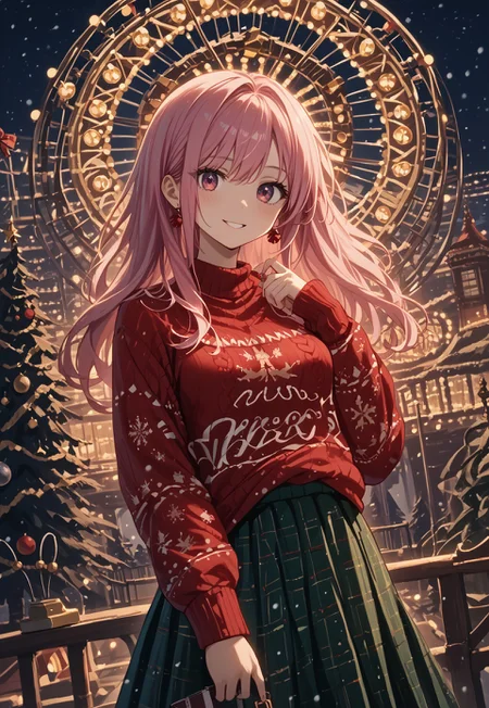 safe_pos, score_9, score_8_up, score_7_up,source_anime,  4K, finely detailed, masterpiece, intricate details, beautiful detailed, delicate, best quality, 
(amusement park:1.2), christmas, night, snowing, fantasy, christmas tree, ((a girl)), pink hair, christmas_sweater, red sweater, long hair, fancy hair style, sensual woman, beautiful breasts, green skirt, simple christmas ornaments, smile, glowing ferris wheel, 