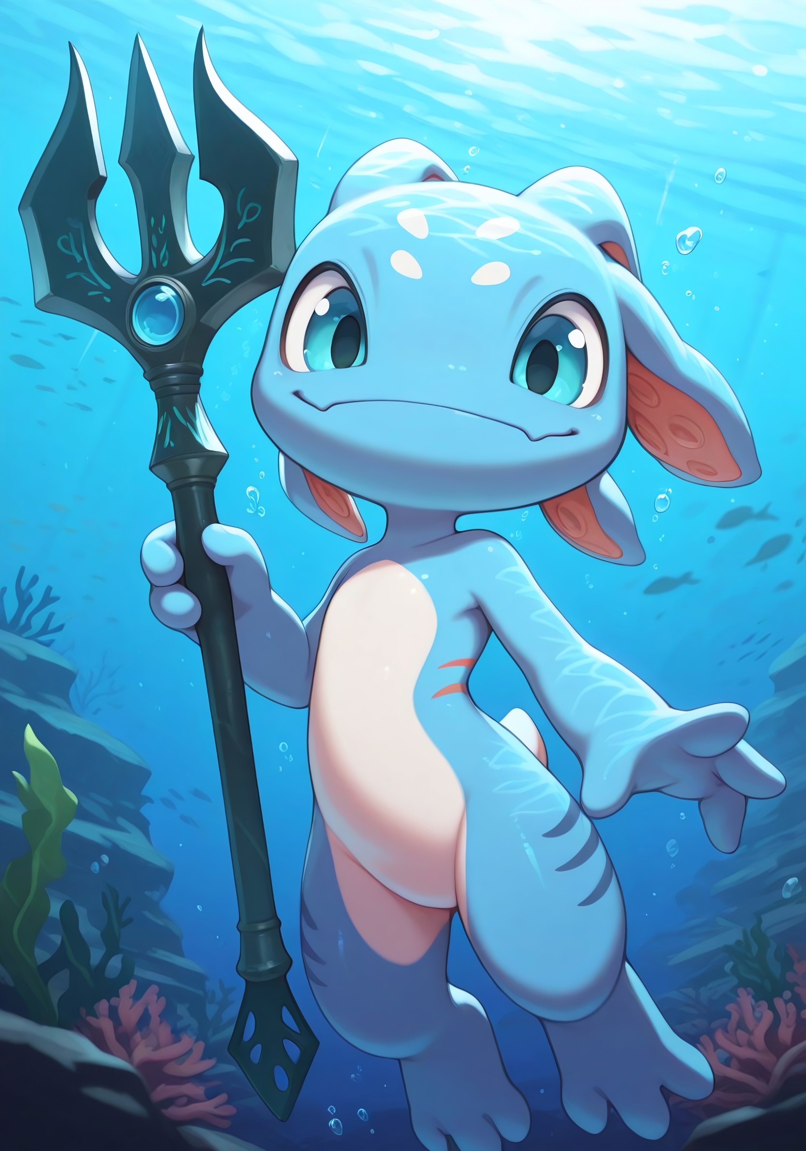 masterpiece, best quality, amazing quality, very aesthetic, newest, extreme detail,fantastic,masterpiece, best quality, absurdres, ultra-detailed,4k,8k,hdr,1boy,solo, BREAK Fizz(/amphibian,marine,slim,yordle, colored skin,blue skin,short tail,cute,tiny/),flying,underwater,seaweed,furry114514,look at viewer,reach out(/single hand/),smile,afloat,holding_weapon