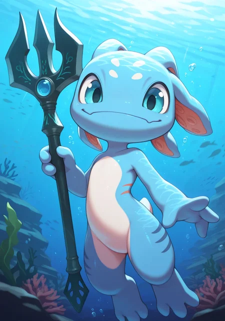 masterpiece, best quality, amazing quality, very aesthetic, newest, extreme detail,fantastic,masterpiece, best quality, absurdres, ultra-detailed,4k,8k,hdr,1boy,solo, BREAK Fizz(/amphibian,marine,slim,yordle, colored skin,blue skin,short tail,cute,tiny/),flying,underwater,seaweed,furry114514,look at viewer,reach out(/single hand/),smile,afloat,holding_weapon