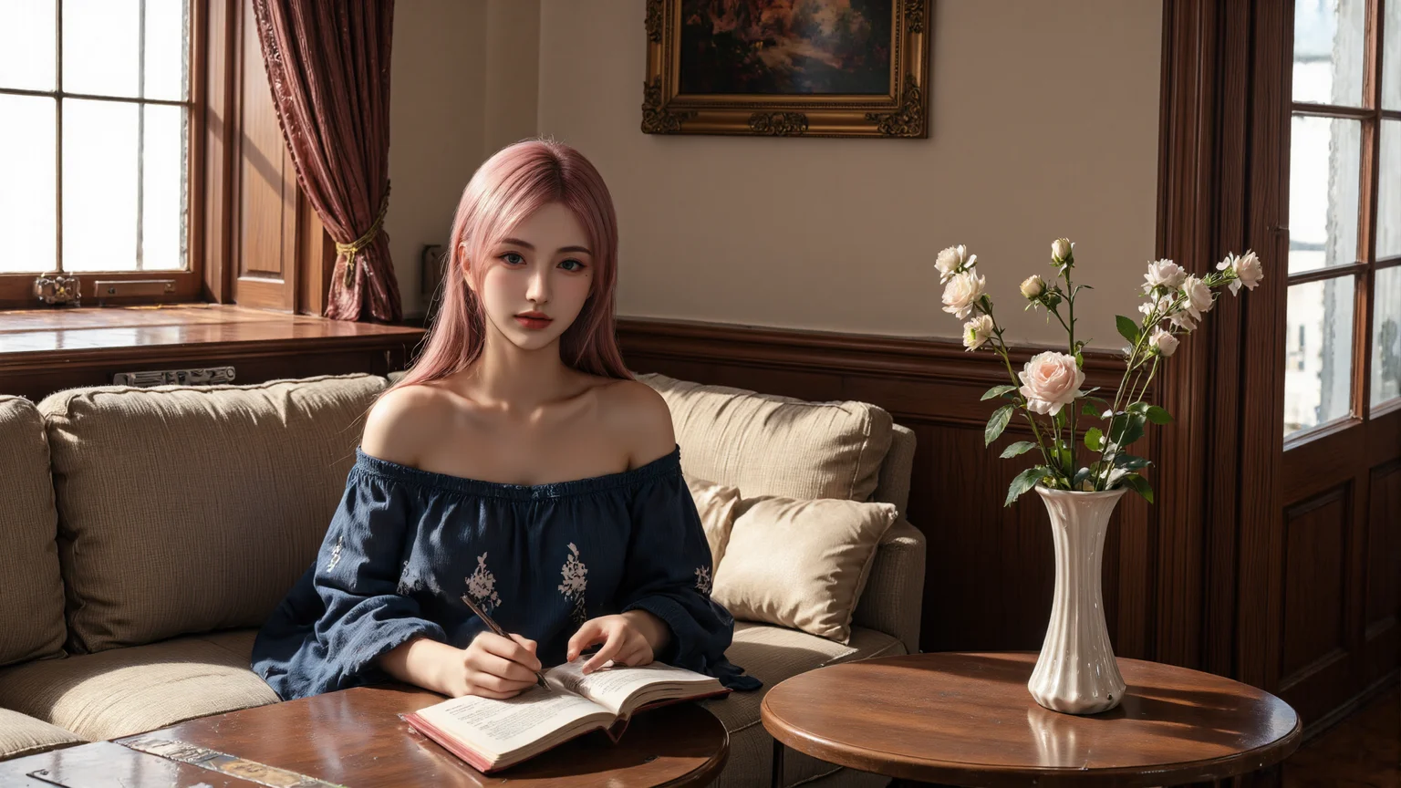 A beautiful young woman with pastel pink hair and a green hairpin,wearing a dark blue off-shoulder dress,sits on a beige sofa in a classic vintage room. She writes in an open book with a soft smile. Warm sunlight streams through a wooden-framed window,casting natural light across her and the room. A vase of white flowers is placed on a small wooden table beside her. (vivid style, realistic photographic look, soft shadows, cozy and elegant ambiance).,
<lora:yuukananri-base-02-flux:0.8>,yuukananri,she has a slender physique and a petite build,<lora:aidmaMJ6.1_v0.5_3:0.5>,aidmaMJ6.1,